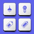 Set Lamp hanging, Creative lamp light idea, Battery charge and icon. White square button. Vector Royalty Free Stock Photo