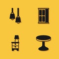 Set Lamp hanging, Round table, Furniture nightstand with lamp and Wardrobe icon with long shadow. Vector