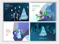 Set of Landing page template or greeting card. Friend celebrates Merry Christmas and Happy New Year. Character family