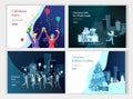 Set of Landing page template or greeting card. Friend or colleagues celebrates Merry Christmas, Happy New Year corporate