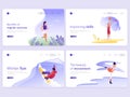 Set of Landing page templates. People doing sports, jogging, basketball, skating, snowboarding. Vector illustration for a web page Royalty Free Stock Photo