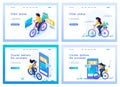 Set of landing pages about delivery. Isometric 3D and 2D illustrations. Young girls work as couriers, delivering food