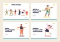 Set of landing pages with kids playing with hula hoop. Cheerful children rolling hulahoop ring