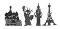 A set of landmarks,the Kremlin,the Statue of Liberty,Eiffel big Ben vintage toons: funny character, vector illustration