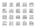 Set of Landscape Line Icons. Bridge, Desert, Waterfall, Beach, Forest and more.