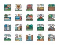 Set of Landscape and Megapolis Flat Color Line Icons. Bridge, Desert and more. Royalty Free Stock Photo