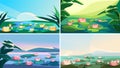 Set of landscapes with blooming lotuses.