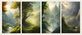 Set of landscapes. Coniferous wood hills with mountains and river, vector