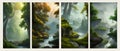 Set of landscapes. Coniferous wood hills with mountains and river, vector