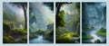 Set of landscapes. Coniferous wood hills with mountains and river, vector