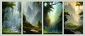 Set of landscapes. Coniferous wood hills with mountains and river, vector