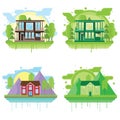 Set of landscapes with modern houses. Family home or tourist house in flat design. Green silhouette. Eco illustration