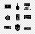 Set Laptop, Bottle with magic elixir, Racing simulator cockpit, Portable video game console, Mask of the devil horns Royalty Free Stock Photo
