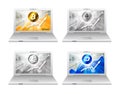 Set of laptop with different cryptocurrency in the bright rays o
