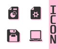 Set Laptop, Document with graph chart, Floppy disk and settings icon. Vector Royalty Free Stock Photo