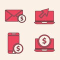 Set Laptop with dollar, Envelope with coin dollar, Laptop and cursor and Smartphone with dollar icon. Vector Royalty Free Stock Photo