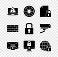 Set Laptop with exclamation mark, Safe, Document and lock, Mail message password, Lock computer monitor, Global lockdown