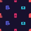 Set Laptop with exclamation mark, Server security key, Mobile and Document and lock on seamless pattern. Vector Royalty Free Stock Photo