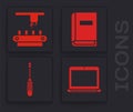 Set Laptop, Factory conveyor system belt, User manual and Screwdriver icon. Vector