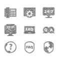 Set Laptop and FAQ, Shield with text, Question Answer, Telephone 24 hours support, Computer monitor help, Clock and icon