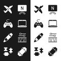 Set Laptop, Gamepad, Toy plane, Smart Tv, Pencil with eraser, Drum drum sticks, Skateboard and Puzzle pieces toy icon Royalty Free Stock Photo