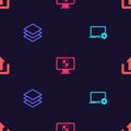 Set Laptop and gear, Layers, Monitor shield and Upload on seamless pattern. Vector