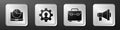 Set Laptop with graph chart, Human with gear inside, Briefcase and Megaphone icon. Silver square button. Vector. Royalty Free Stock Photo