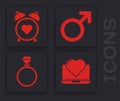 Set Laptop with heart, Heart in the center alarm clock, Male gender symbol and Wedding rings icon. Vector