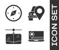 Set Laptop with location marker, Compass, Cable car and Map pointer with taxi icon. Vector