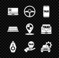 Set Laptop with location marker, Steering wheel, Taxi call telephone service, Car key remote, Hand map pointer taxi, car Royalty Free Stock Photo