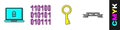 Set Laptop and lock, Binary code, Old key and Thief eye mask icon. Vector