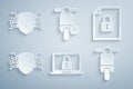 Set Laptop and lock, Document, Cyber security, Scooter, Electric scooter and icon. Vector Royalty Free Stock Photo