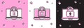 Set Laptop and lock icon isolated on pink and white, black background. Computer and padlock. Security, safety