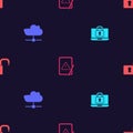 Set Laptop and lock, Network cloud connection, Tablet with exclamation mark and Open padlock on seamless pattern. Vector Royalty Free Stock Photo