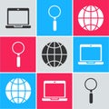 Set Laptop, Magnifying glass and Social network icon. Vector