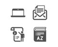 Laptop, Mail correspondence and Manual doc icons. Vocabulary sign. Vector