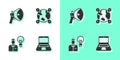 Set Laptop, Megaphone, Human with lamp bulb and Location the globe icon. Vector