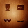 Set Laptop, Optical disc drive, RAM, random access memory and Hard disk HDD on wooden background. Vector Royalty Free Stock Photo
