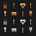 Set Laptop, Paint brush, Wax crayons for drawing, Palette knife, Heart with text art, bucket and Pen icon. Vector