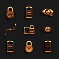 Set Laptop with password, Padlock clock, Mobile and, VPN microchip circuit, eye scan and Bezier curve icon. Vector Royalty Free Stock Photo