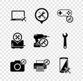 Set Laptop service, Location, Gamepad, Photo camera, Printer, Smartphone, Toaster and Drill machine icon. Vector Royalty Free Stock Photo