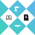 Set Laptop with shield, Diploma rolled scroll, Drill machine and Micro SD memory card icon. Vector