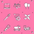 Set Laptop, Slingshot, Balloons, Paint brush, Yoyo toy, Toy plane, Microphone and truck icon. Vector Royalty Free Stock Photo