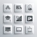 Set Laptop, Stage stand, Paper airplane, clip, Computer monitor, Graduation cap, Medal and Table lamp icon. Vector