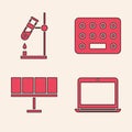 Set Laptop, Test tube flask on fire, Pills in blister pack and Solar energy panel icon. Vector