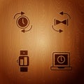 Set Laptop time, Clock with arrow, Smartwatch and Old hourglass sand on wooden background. Vector Royalty Free Stock Photo