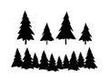 Set Larch or spruce silhouette, evergreen tree, black silhouette isolated on white background. Simple vector, flat