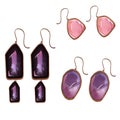 Set of large feminine earrings with amethyst.amethyst, quartz, ametrine and gold chains. Watercolor gradients of Royalty Free Stock Photo