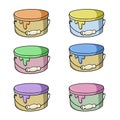 Set of a large jar with liquid different paint, vector cartoon