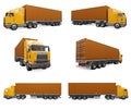 Set a large retro orange truck with a sleeping part and an aerodynamic extension carries a trailer with a sea container Royalty Free Stock Photo